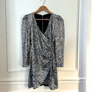 Bardot Sequin Long Sleeve Mini Dress Wrap Front Silver Size 6 NWT